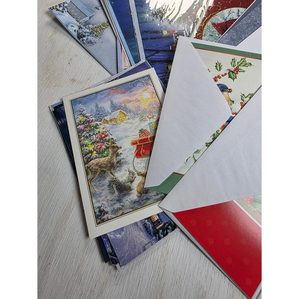 Bulk Lot Christmas Holiday Greeting Cards Assorted Winter Scenes Glitter 70+ct